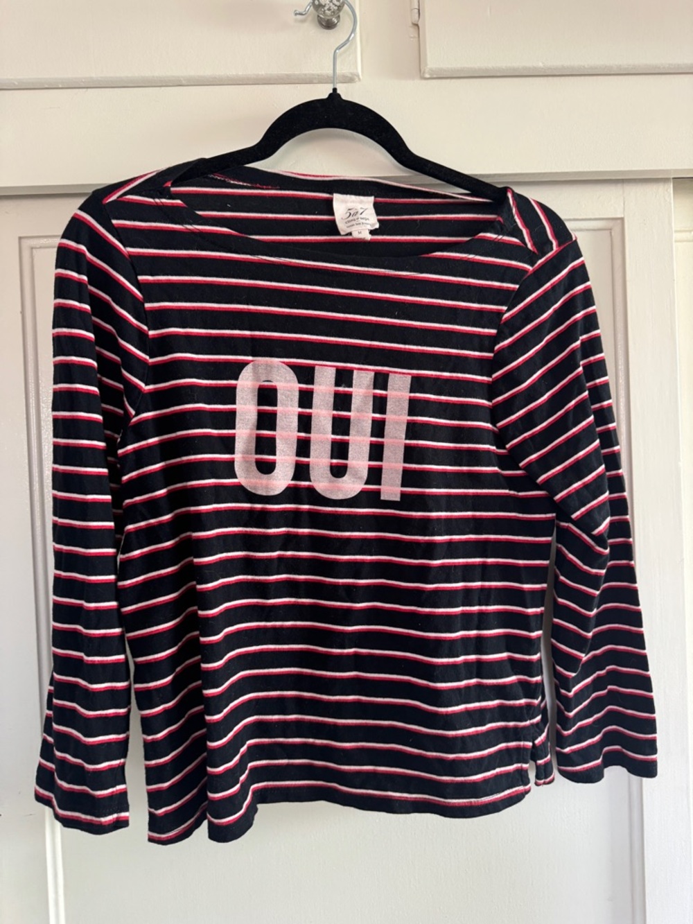 cinq a sept Black Tee with Red & White Stripes
